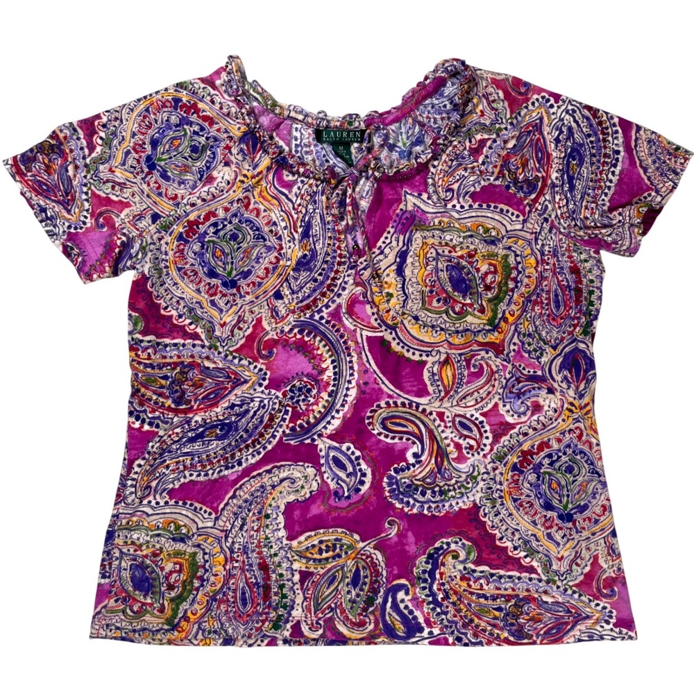 Lauren Ralph Lauren Paisley Top Women Medium Purple Cotton Beaded Ruffle Tie
